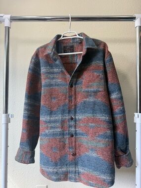 Weatherproof Southwestern Wool Shacket in Blue & Rust